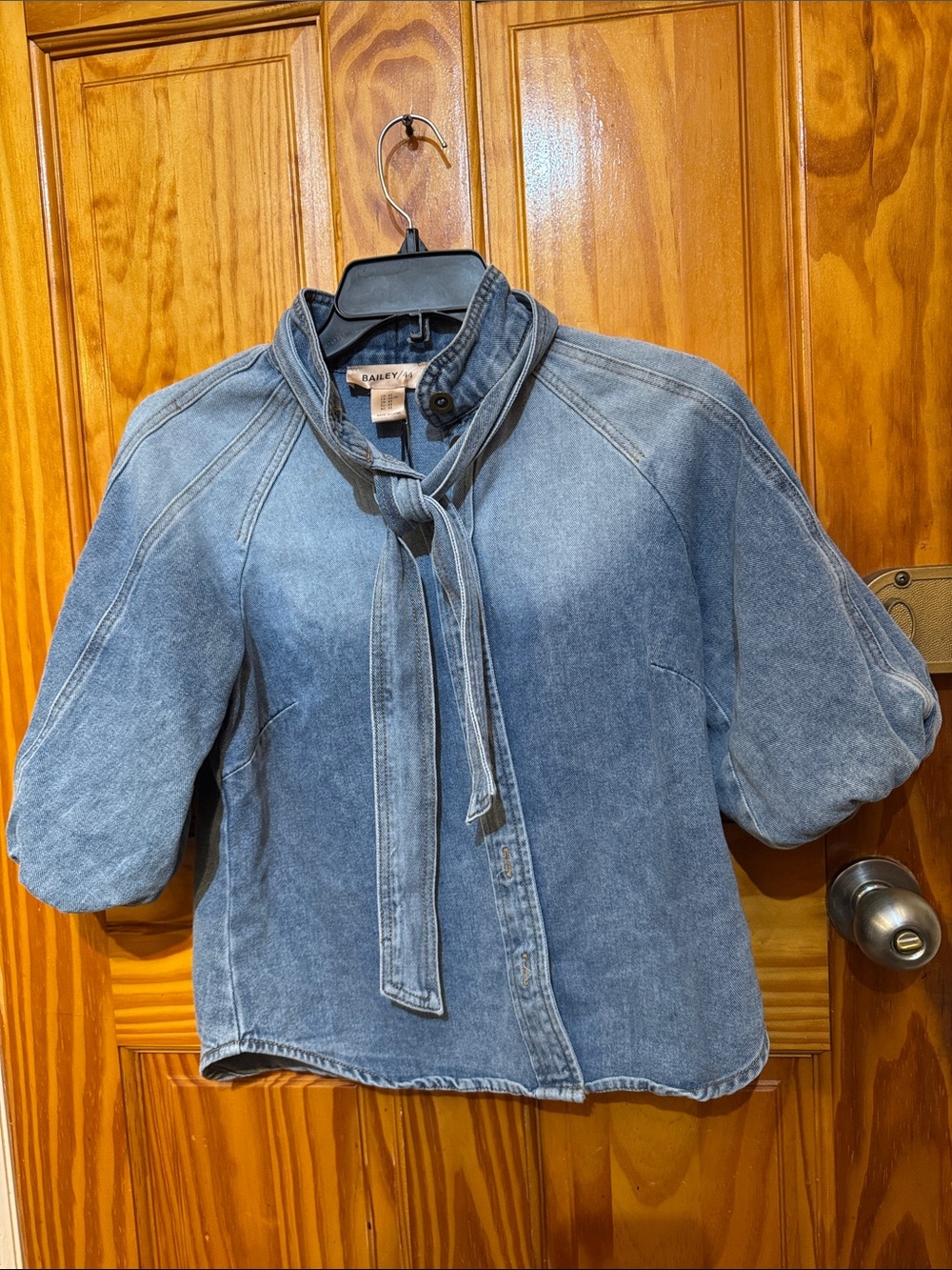 Bailey 44 Washed Blue Denim Tie-Neck Puff Sleeve Blouse
